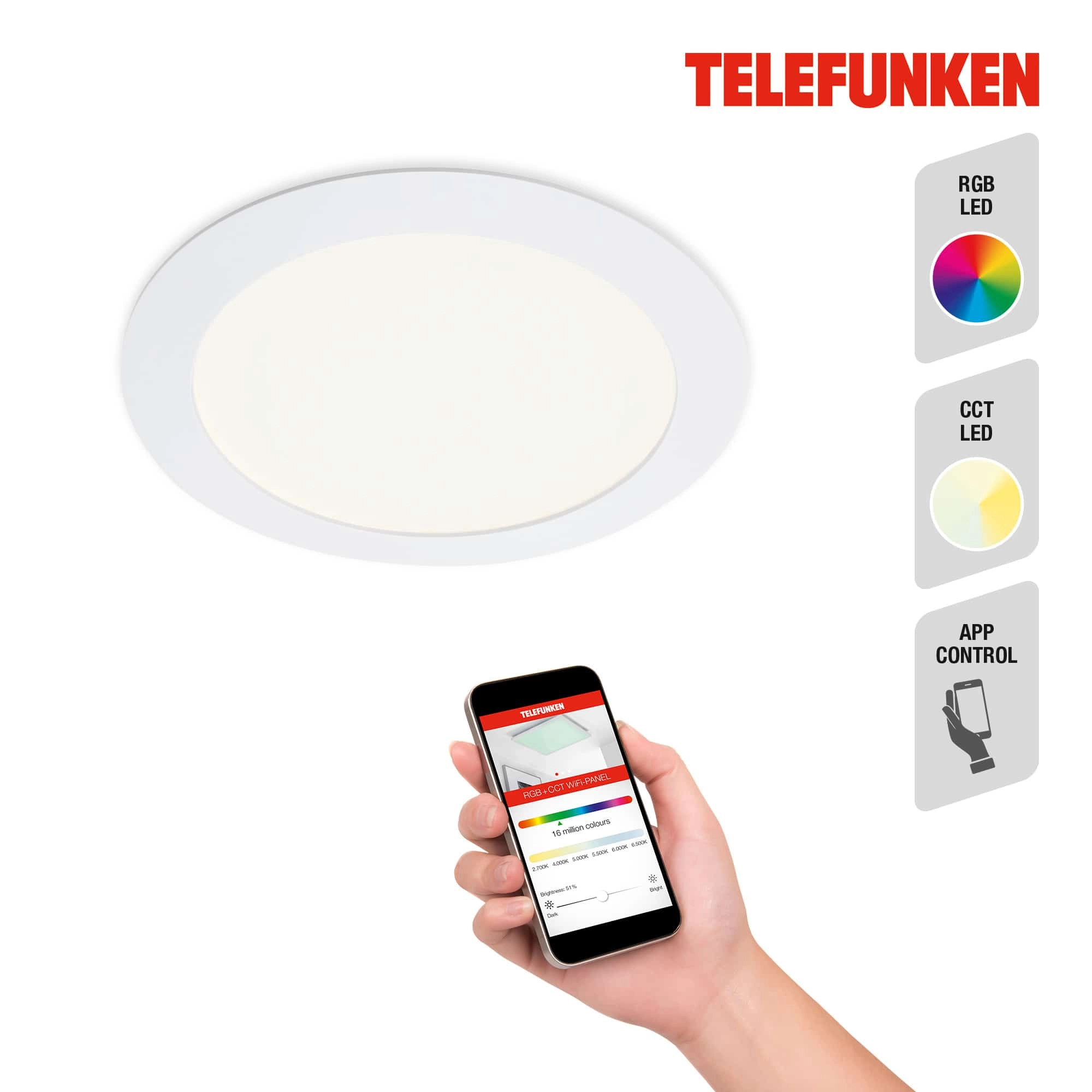TELEFUNKEN Smart LED Einbauleuchte, Ø 17 cm, 12 W, Weiß