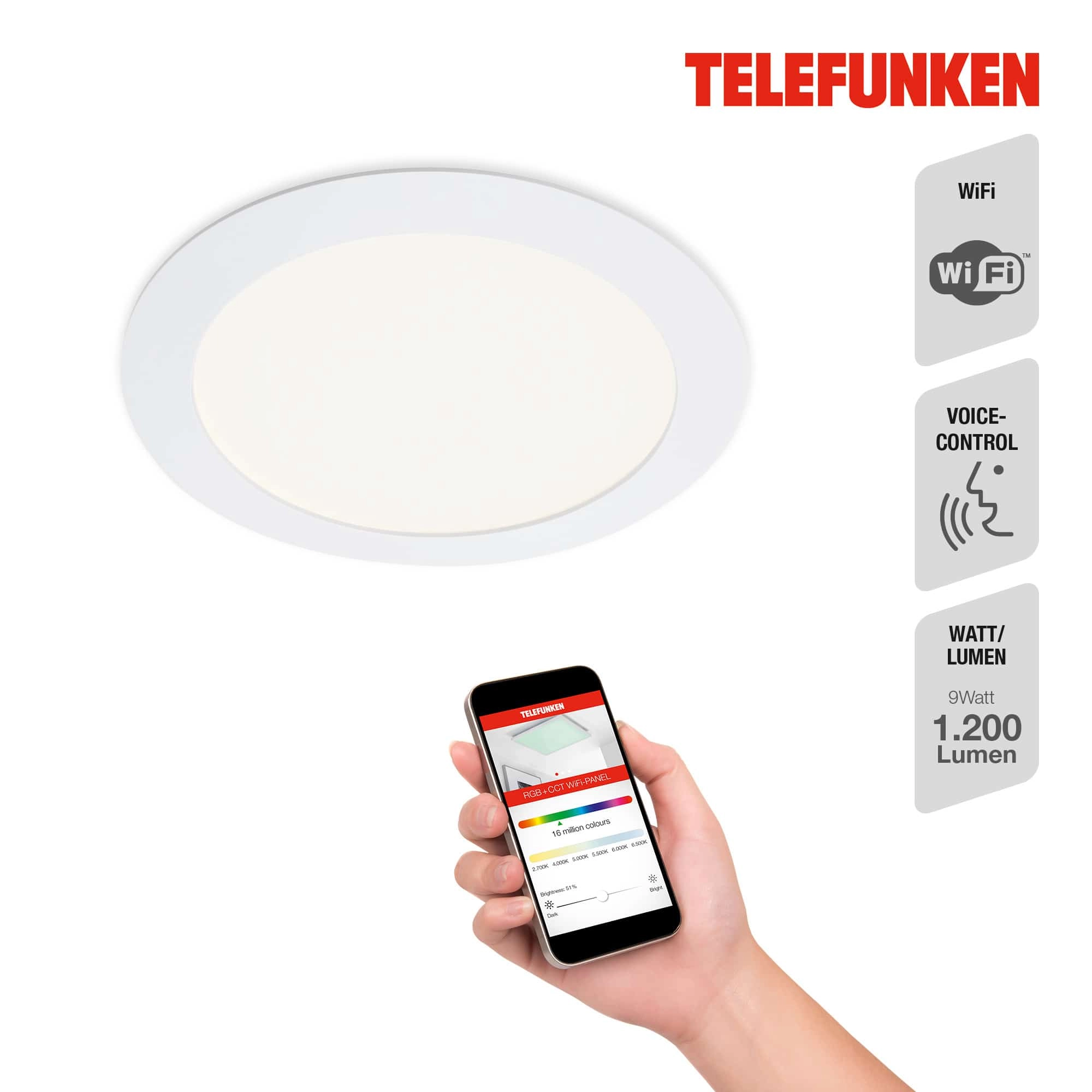 TELEFUNKEN Smart LED Einbauleuchte, Ø 17 cm, 12 W, Weiß