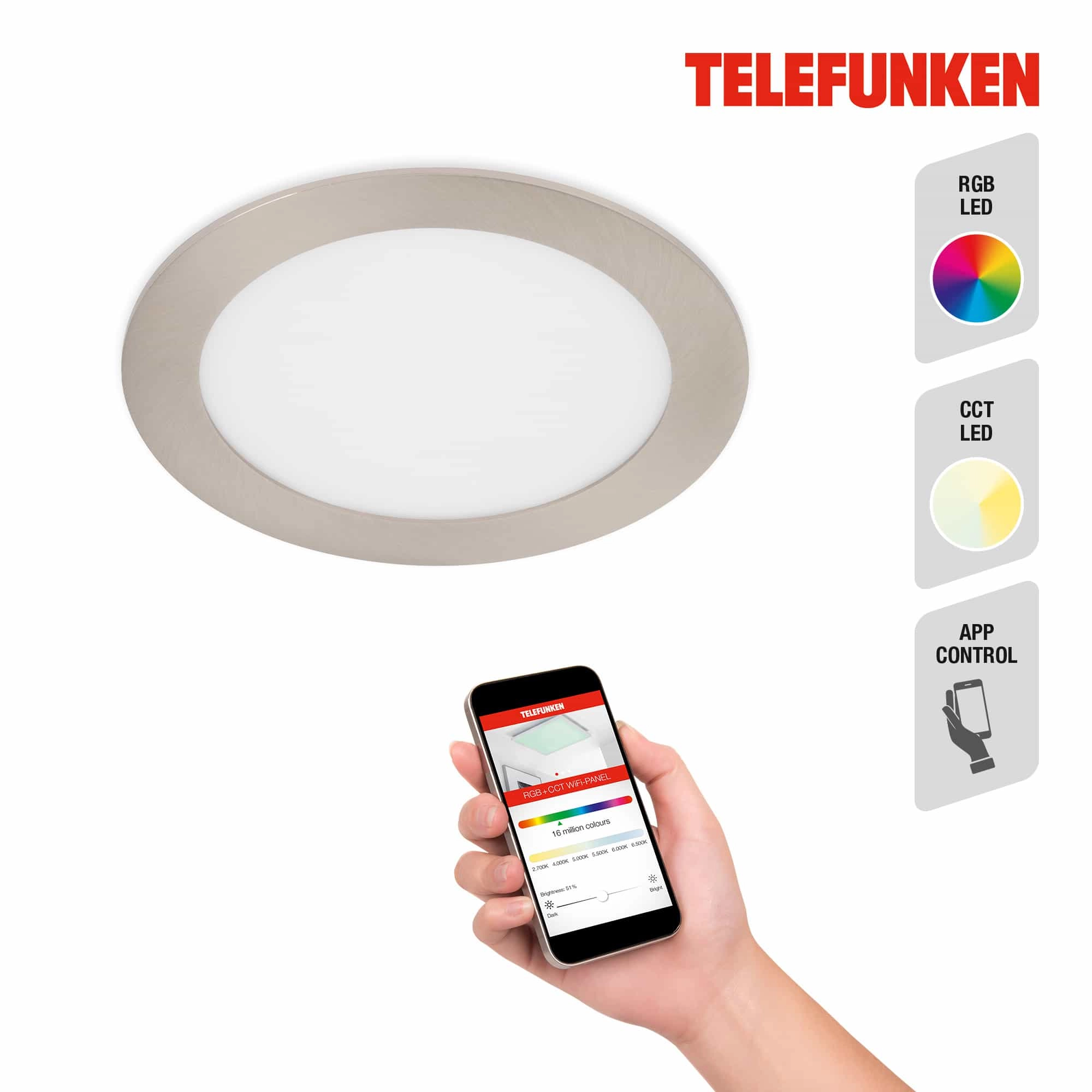 TELEFUNKEN Smart LED Einbauleuchte, Ø 17 cm, 12 W, Matt-Nickel