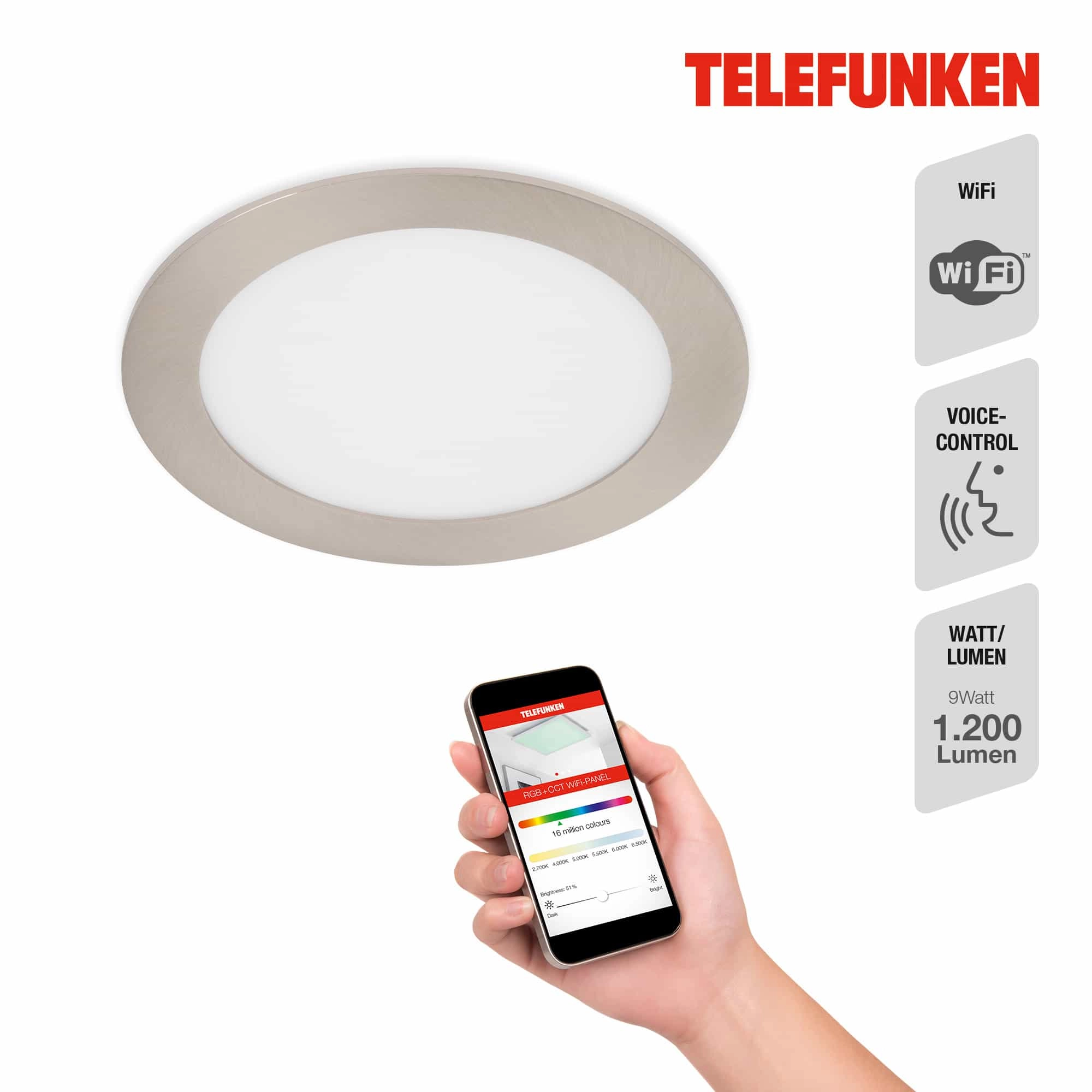 TELEFUNKEN Smart LED Einbauleuchte, Ø 17 cm, 12 W, Matt-Nickel