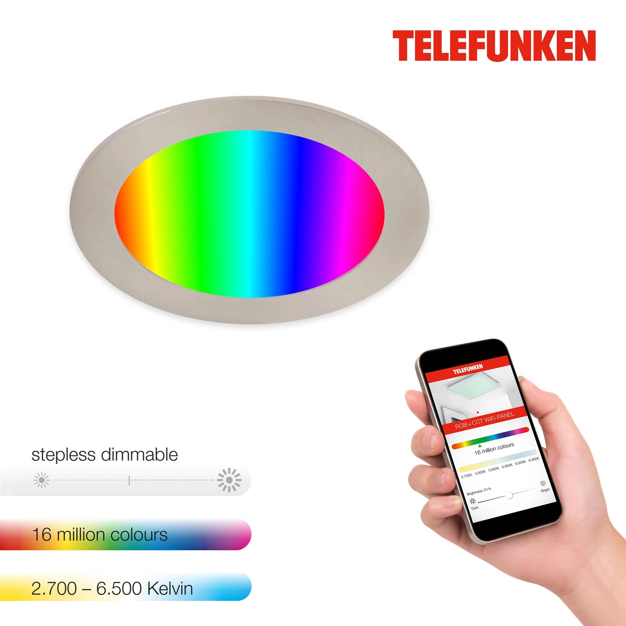 TELEFUNKEN Smart LED Einbauleuchte, Ø 17 cm, 12 W, Matt-Nickel