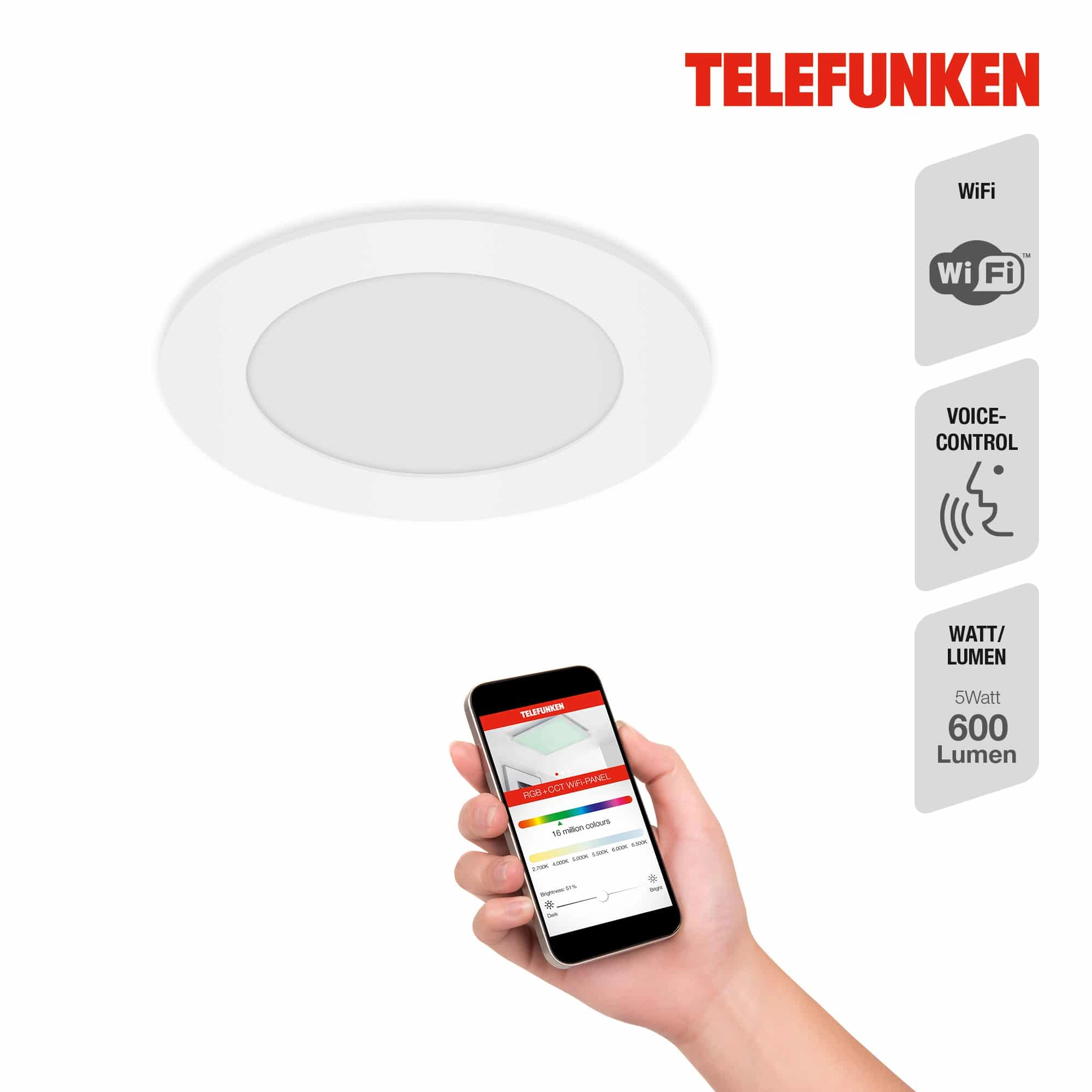 TELEFUNKEN Smart LED Einbauleuchte, Ø 12 cm, 6 W, Weiß