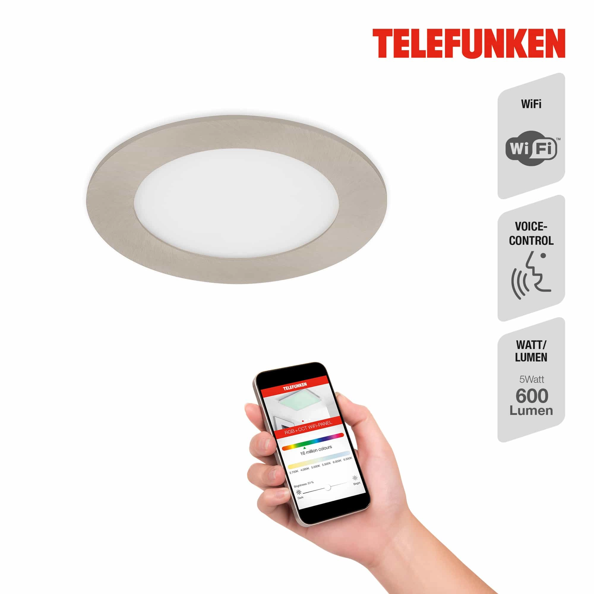 TELEFUNKEN Smart LED Einbauleuchte, Ø 12 cm, 6 W, Matt-Nickel
