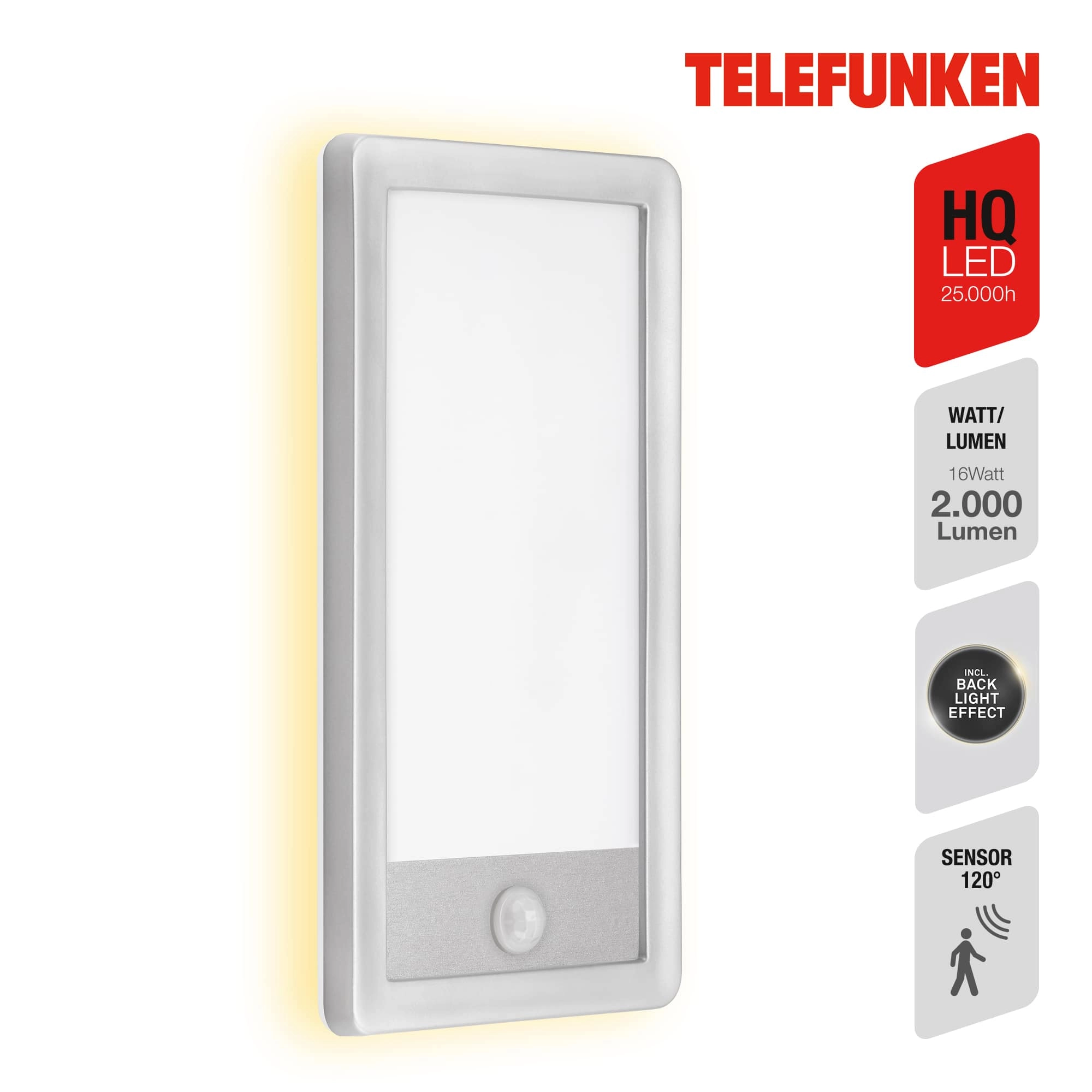 TELEFUNKEN LED Sensor Außenwandleuchte, 28 cm, 16 W, Silber