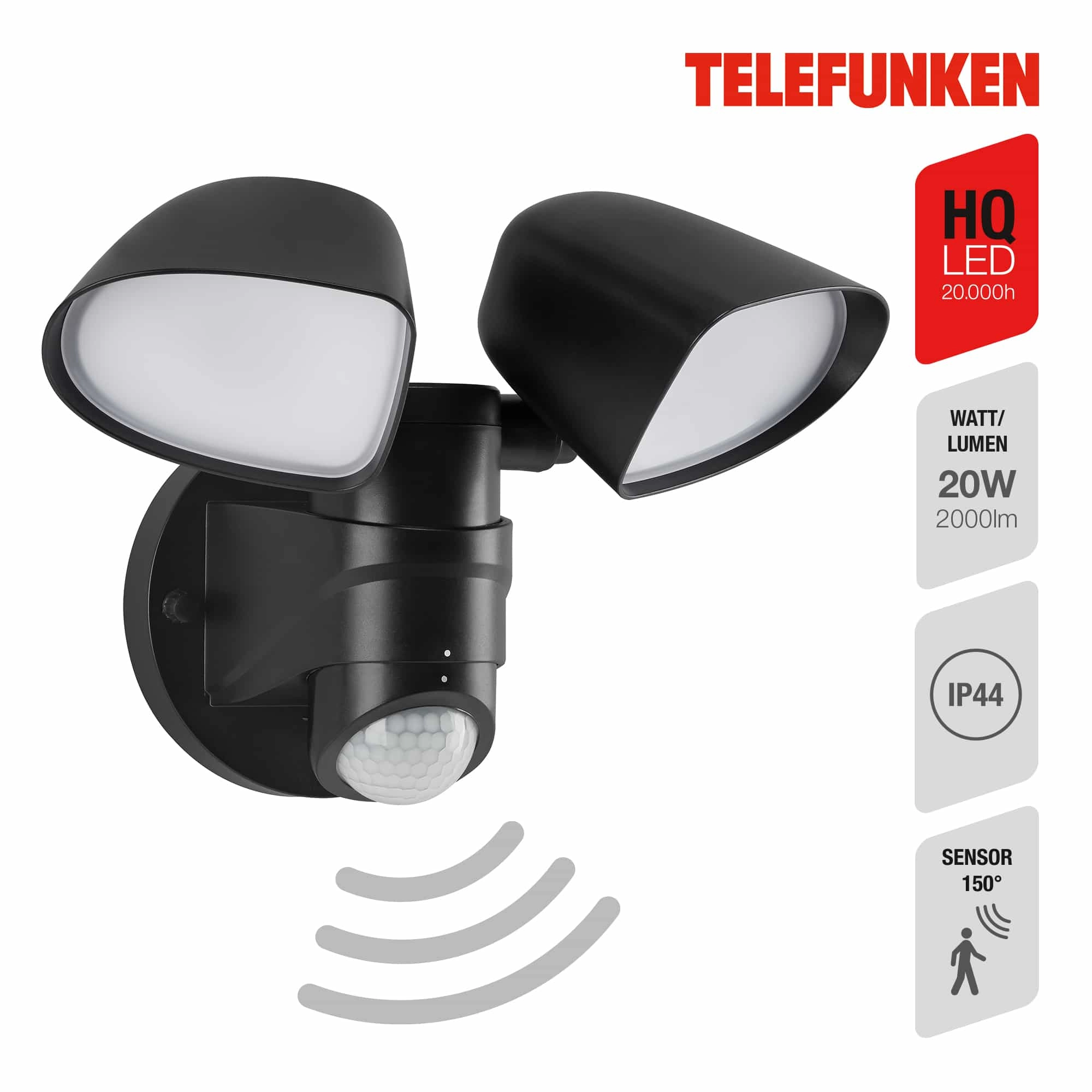 TELEFUNKEN LED Sensor Außenstrahler, 21,8 cm, 20 W, Schwarz