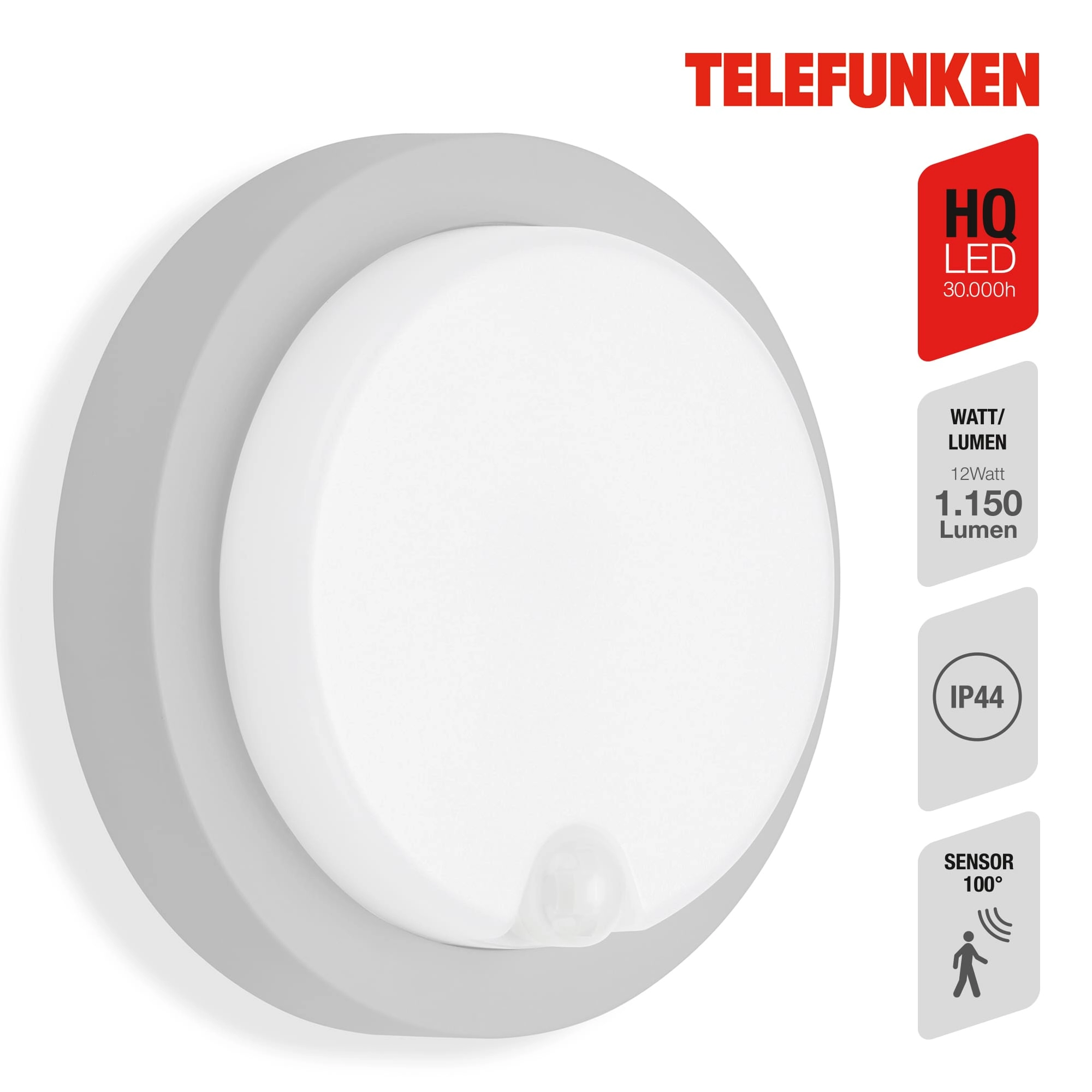 TELEFUNKEN LED Sensor Außenwandleuchte, Ø 17 cm, 12 W, Silber