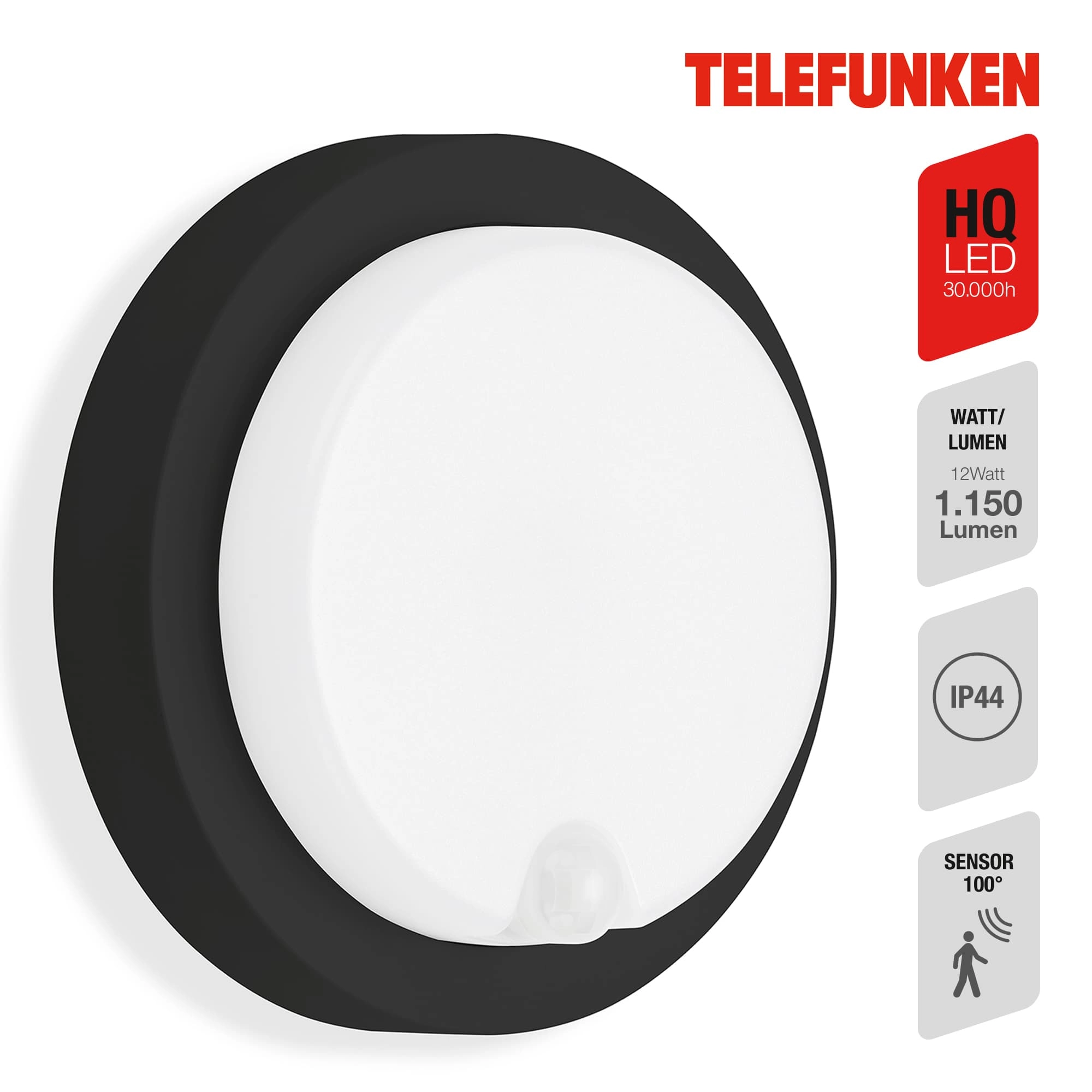 TELEFUNKEN LED Sensor Außenwandleuchte, Ø 17 cm, 12 W, Schwarz