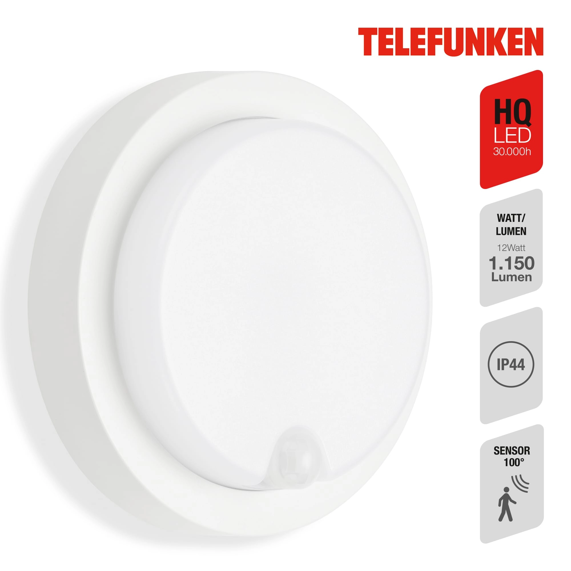 TELEFUNKEN LED Sensor Außenwandleuchte, Ø 17 cm, 12 W, Weiß