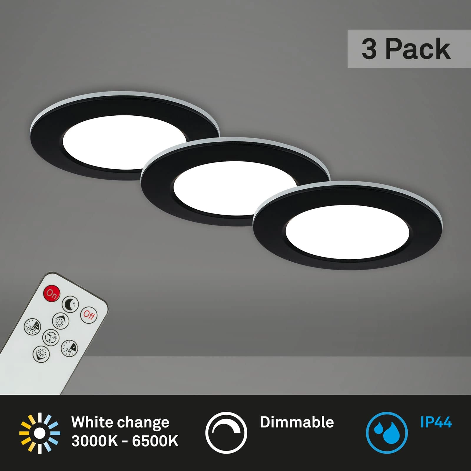 CCT LED Einbauleuchten-Set, Ø9,2 cm, 3x LED, 4,8 W, 450 lm, schwarz