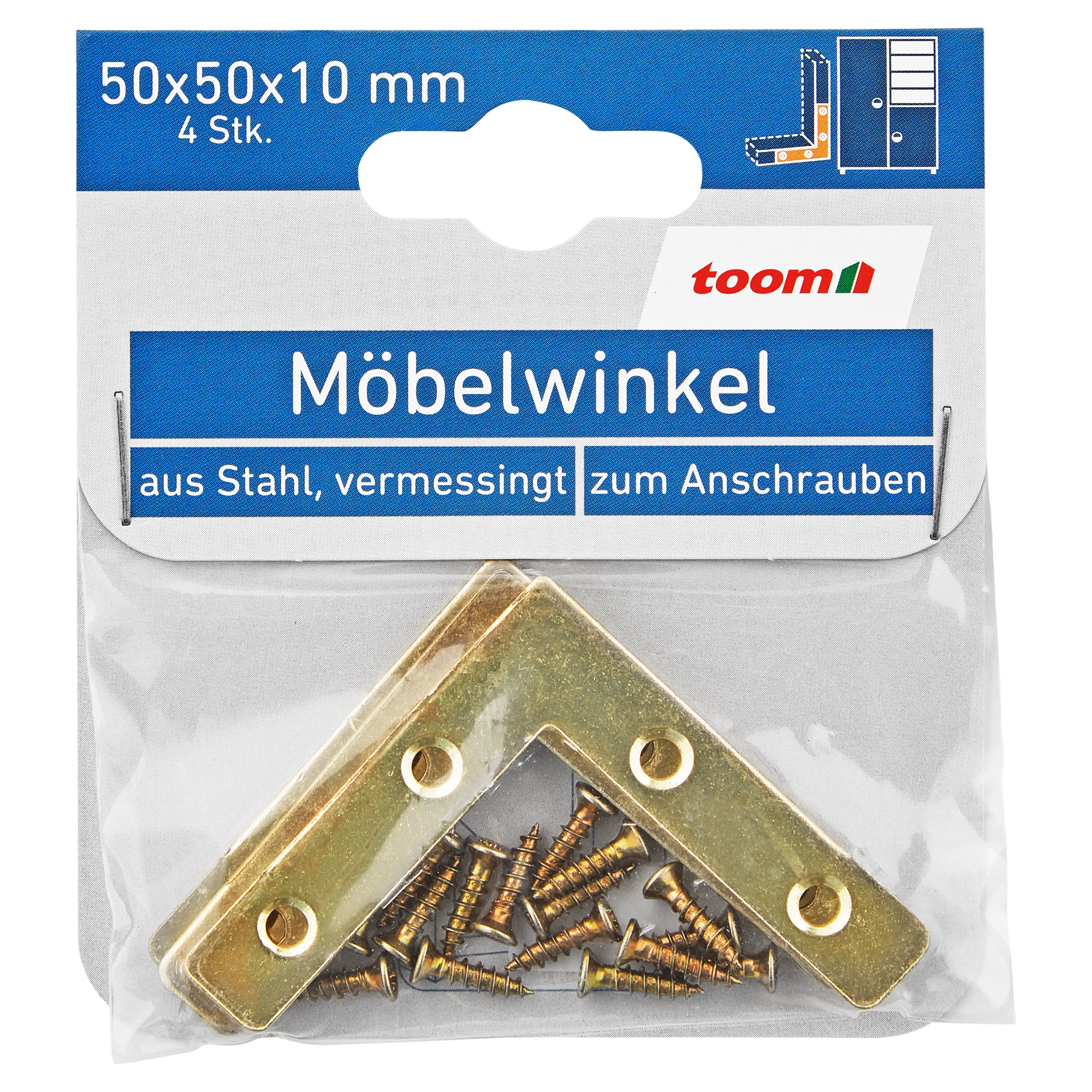 toom Möbelwinkel Stahl vermessingt 4 Stück 10 x 50 x 50 mm seitliche Verschraubung