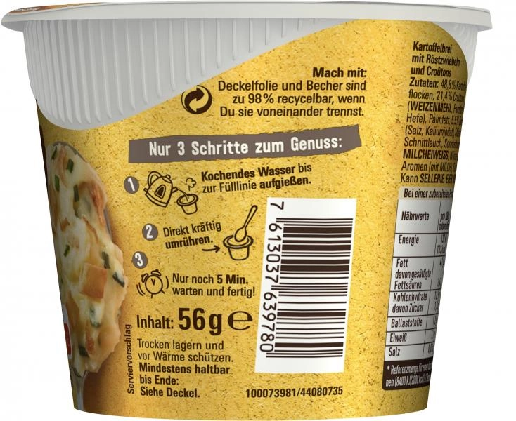 Maggi 5 Minuten Terrine Kartoffelbrei mit Röstzwiebeln & Croûtons