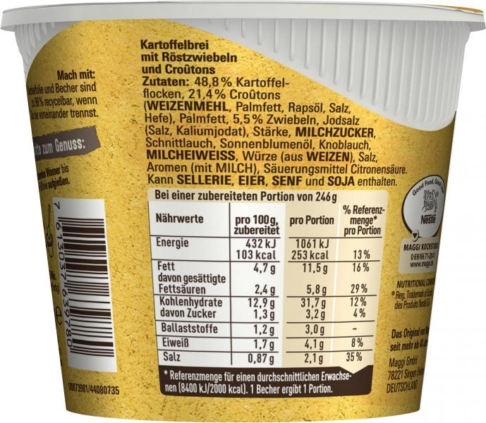 Maggi 5 Minuten Terrine Kartoffelbrei mit Röstzwiebeln & Croûtons