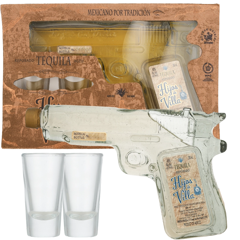Hijos De Villa Tequila Rep. Pistol + 2 Gläser 20cl Gold Tequila Geschenkverpackung