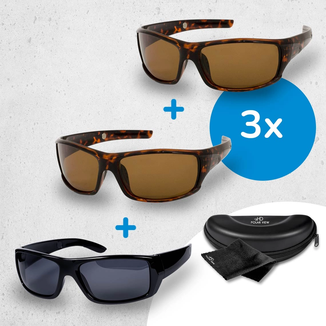 HD Polar View polarisierte Sonnenbrille 3 Stk. inkl. Zubehör GRATIS  / 2x Hornoptik + 1x schwarz