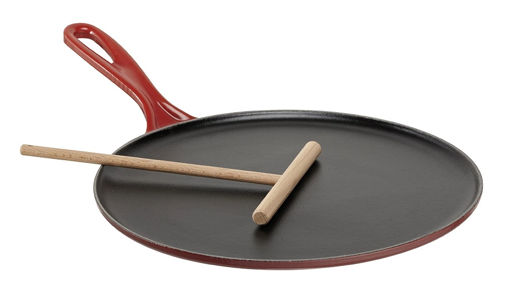 Le Creuset Crepes-Pfanne Gusseisen mit Holzschieber Kirschrot 27cm