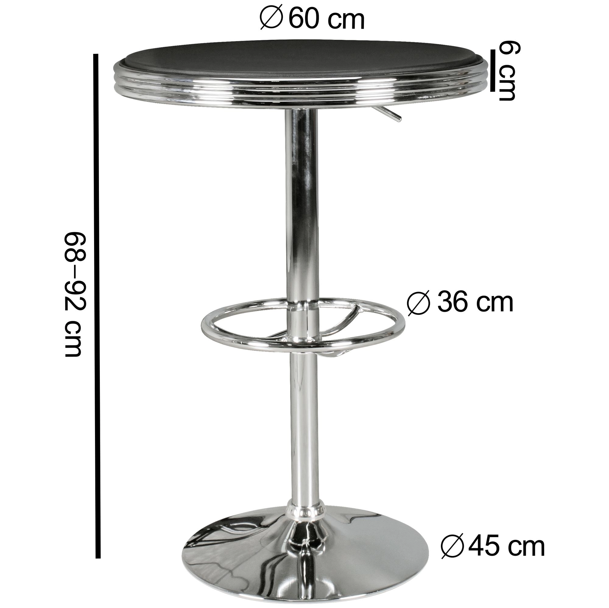 FineBuy American Diner Bartisch rund Ø 60 cm Aluminium Kunstlederbezug, Retro Stehtisch USA Schwarz/Silber, Robuster Bistrotisch 50er Jahre, Partytisch mit Untergestell aus verchromtem Alu