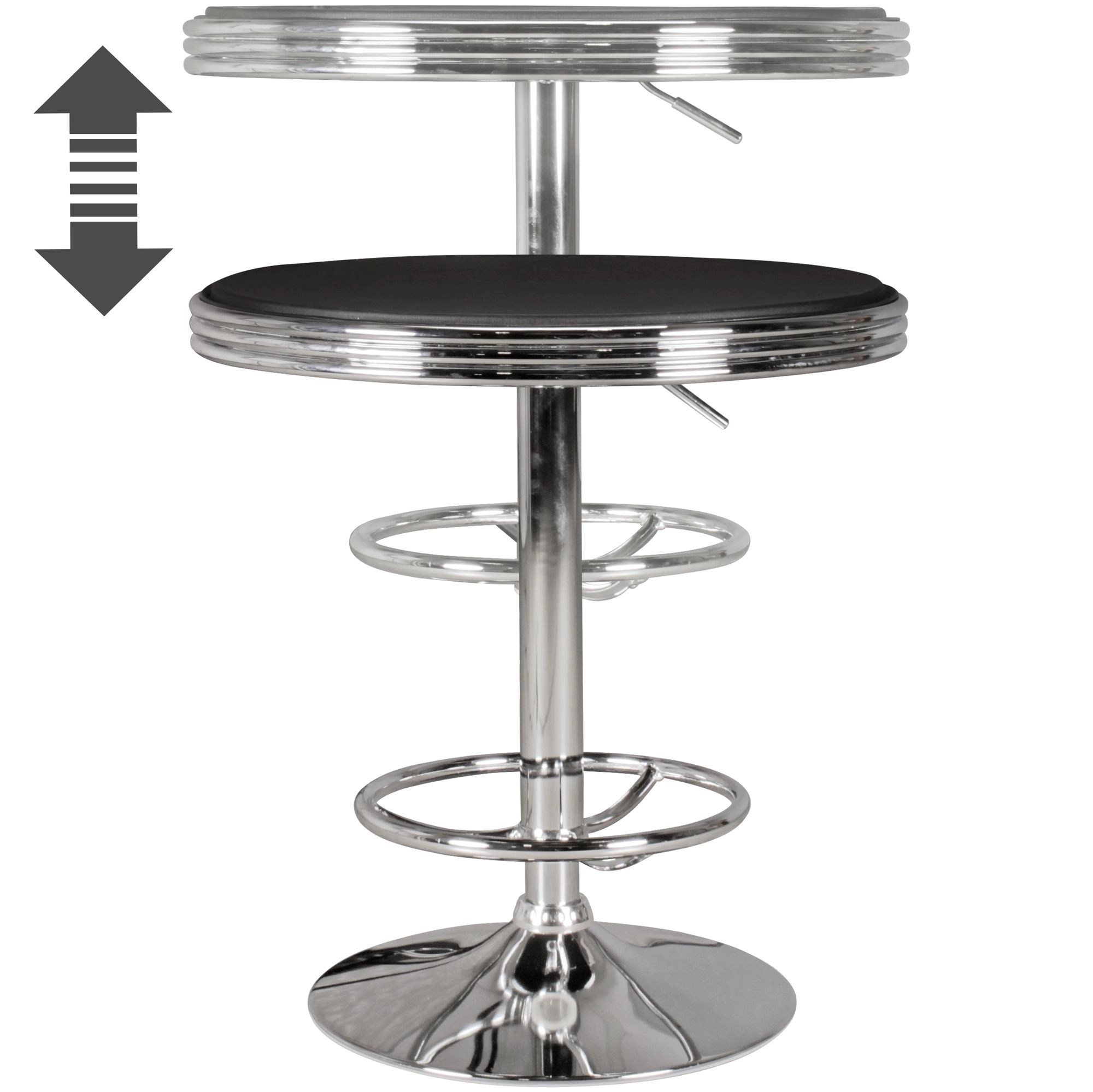 FineBuy American Diner Bartisch rund Ø 60 cm Aluminium Kunstlederbezug, Retro Stehtisch USA Schwarz/Silber, Robuster Bistrotisch 50er Jahre, Partytisch mit Untergestell aus verchromtem Alu