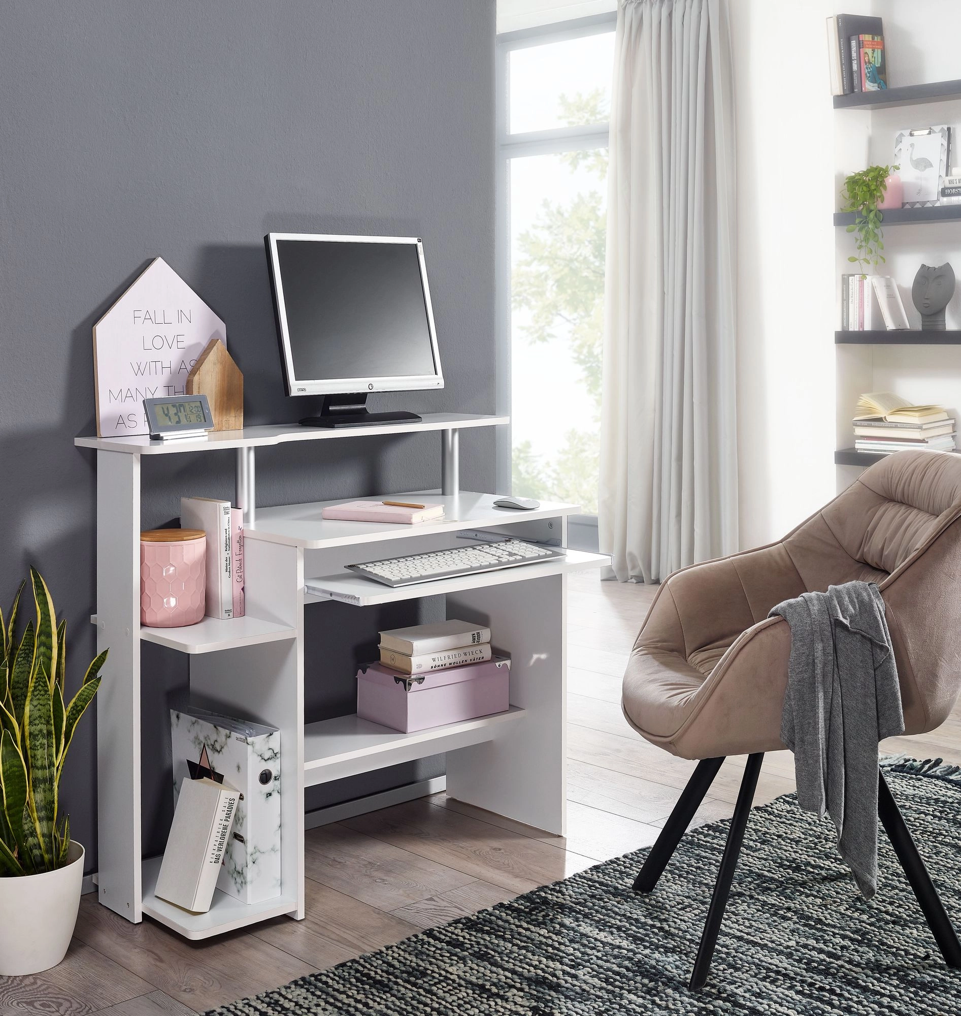 FineBuy Computertisch 94x90,5x48,5 cm Laptop Tisch Modern mit Tastaturauszug, PC-Tisch mit Drucker-Ablage platzsparend, Schreibtisch für kleine Räume mit Ablage, Laptoptisch Klein