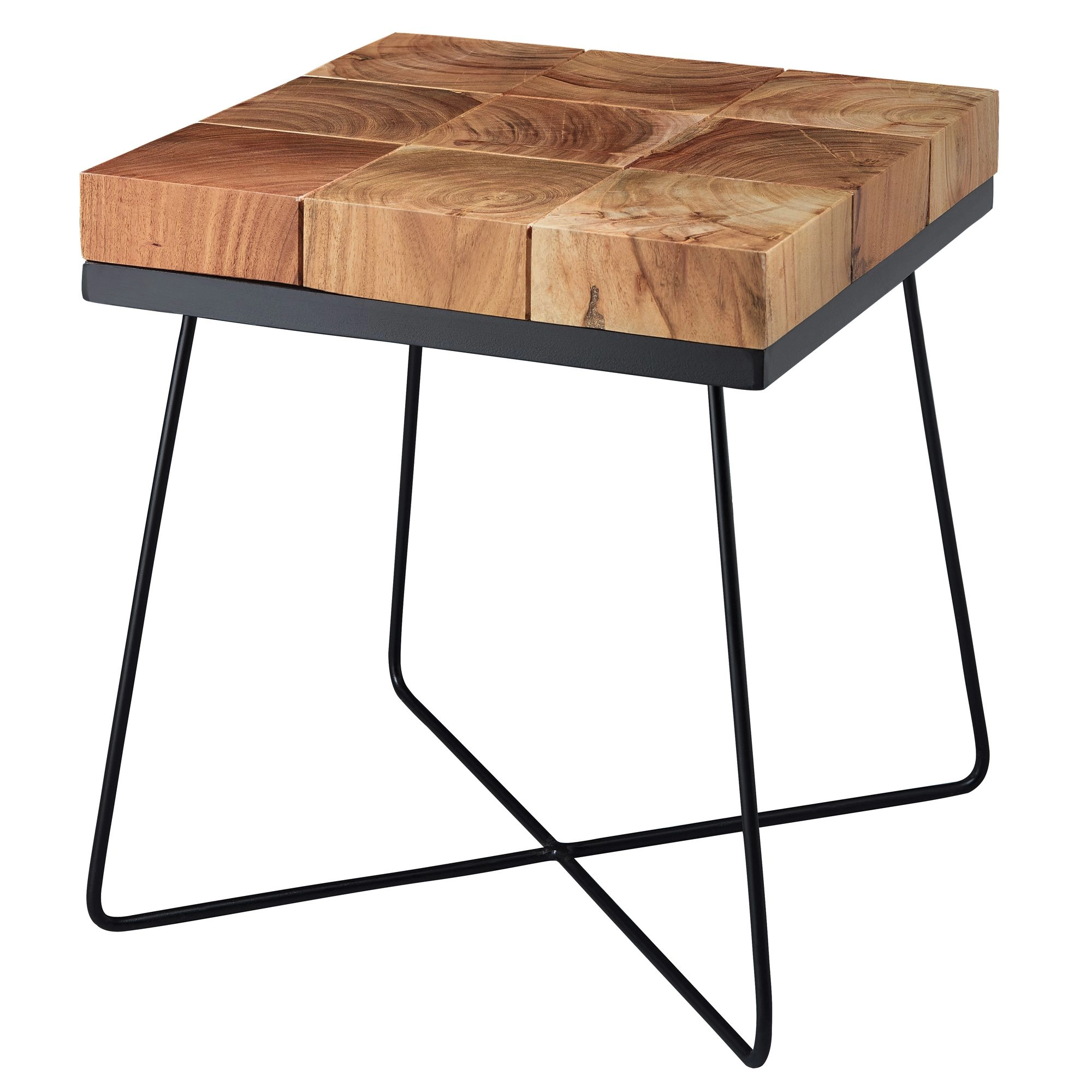 FineBuy Beistelltisch 45 x 45 x 51 cm Akazie Massivholz mit Metallgestell, Industrial Anstelltisch Quadratisch Massiv Holz Tisch Braun, Wohnzimmertisch Modern Holztisch mit Metallbeinen