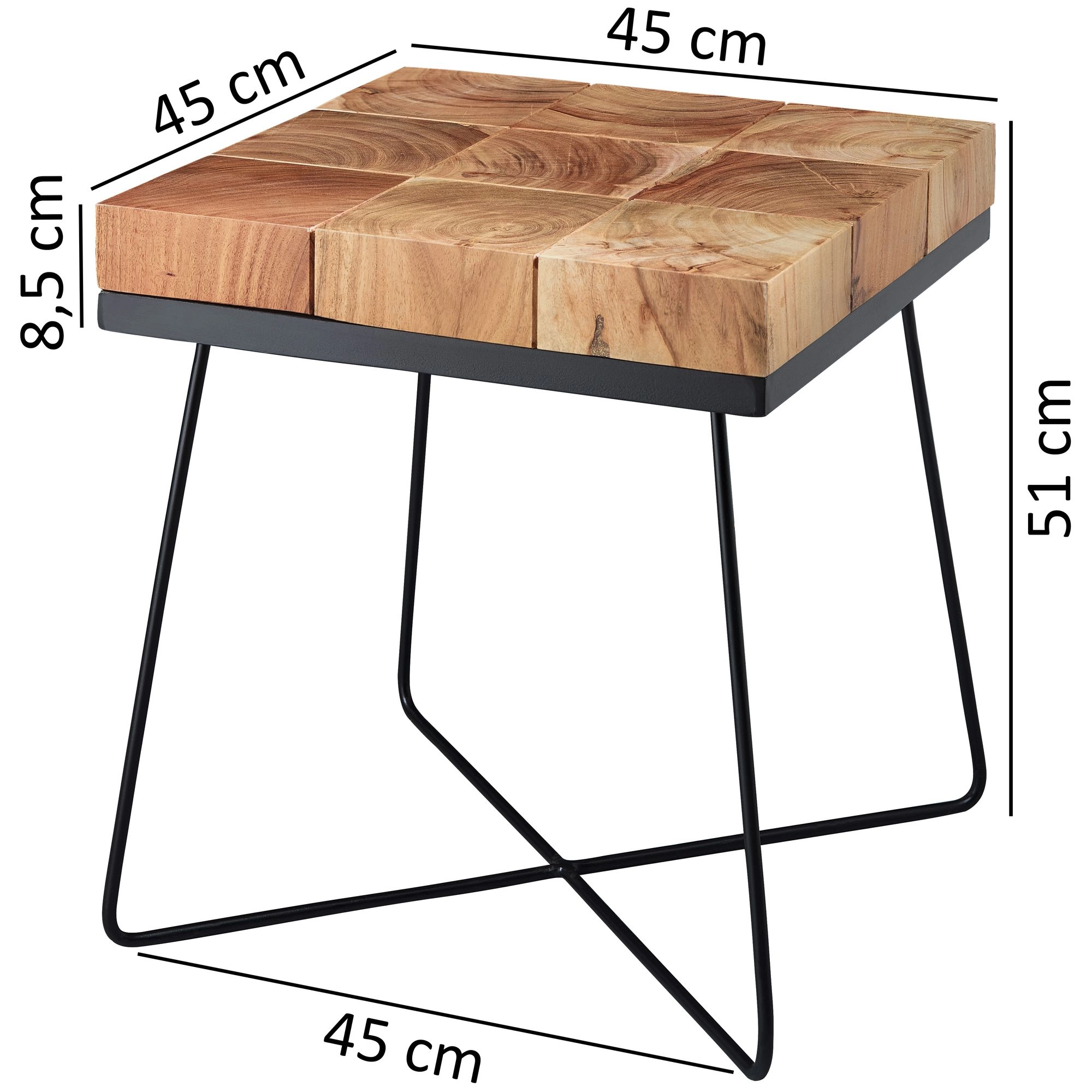 FineBuy Beistelltisch 45 x 45 x 51 cm Akazie Massivholz mit Metallgestell, Industrial Anstelltisch Quadratisch Massiv Holz Tisch Braun, Wohnzimmertisch Modern Holztisch mit Metallbeinen