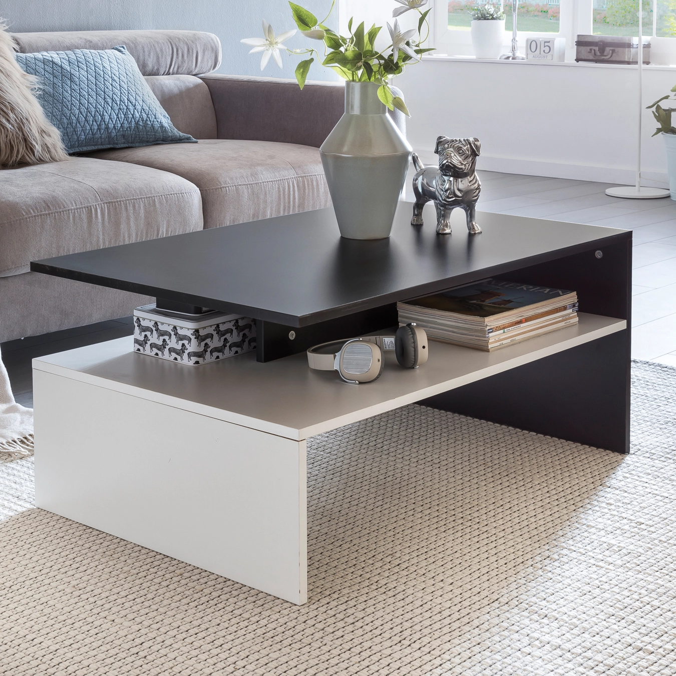 FineBuy Wohnzimmertisch 90 x 43 x 60 cm mit Ablage Holz Schwarz / Weiß, Design Wohnzimmer Couchtisch Zweiteilig mit Stauraum, Sofatisch Eckig Kaffeetisch Modern, Loungetisch Groß & Hoch