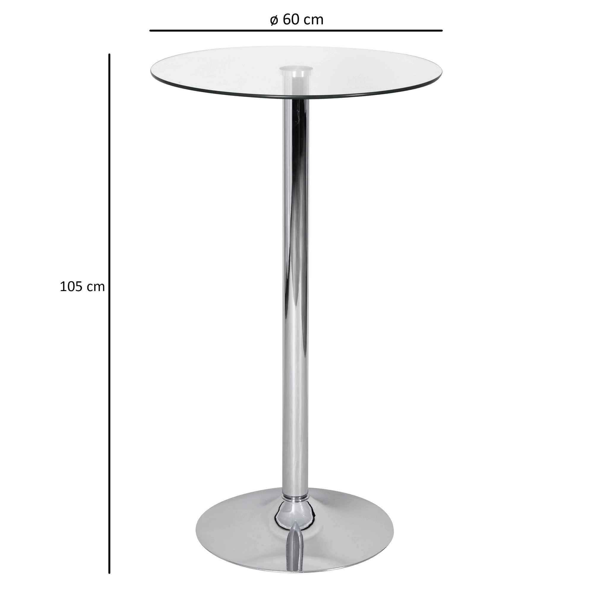 FineBuy Stehtisch 60x60x105 cm Rund Bartisch Sicherheitsglas Bistrotisch Silber, Moderner Tisch für Bar, Design Partytisch Metall, Hochtisch Messetisch Chrom