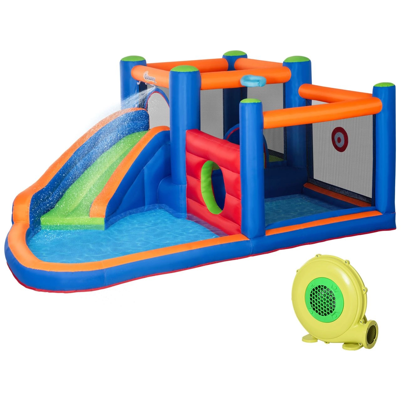 Aufblasbare Hüpfburg Wasserpark mit Gebläse Hüpfburg mit Wasserrutsche Basketballkorb Aufblasbare Wasserspielcenter für Kinder ab 3 Jahren Trampolin Pool 380 x 340 x 170 cm
