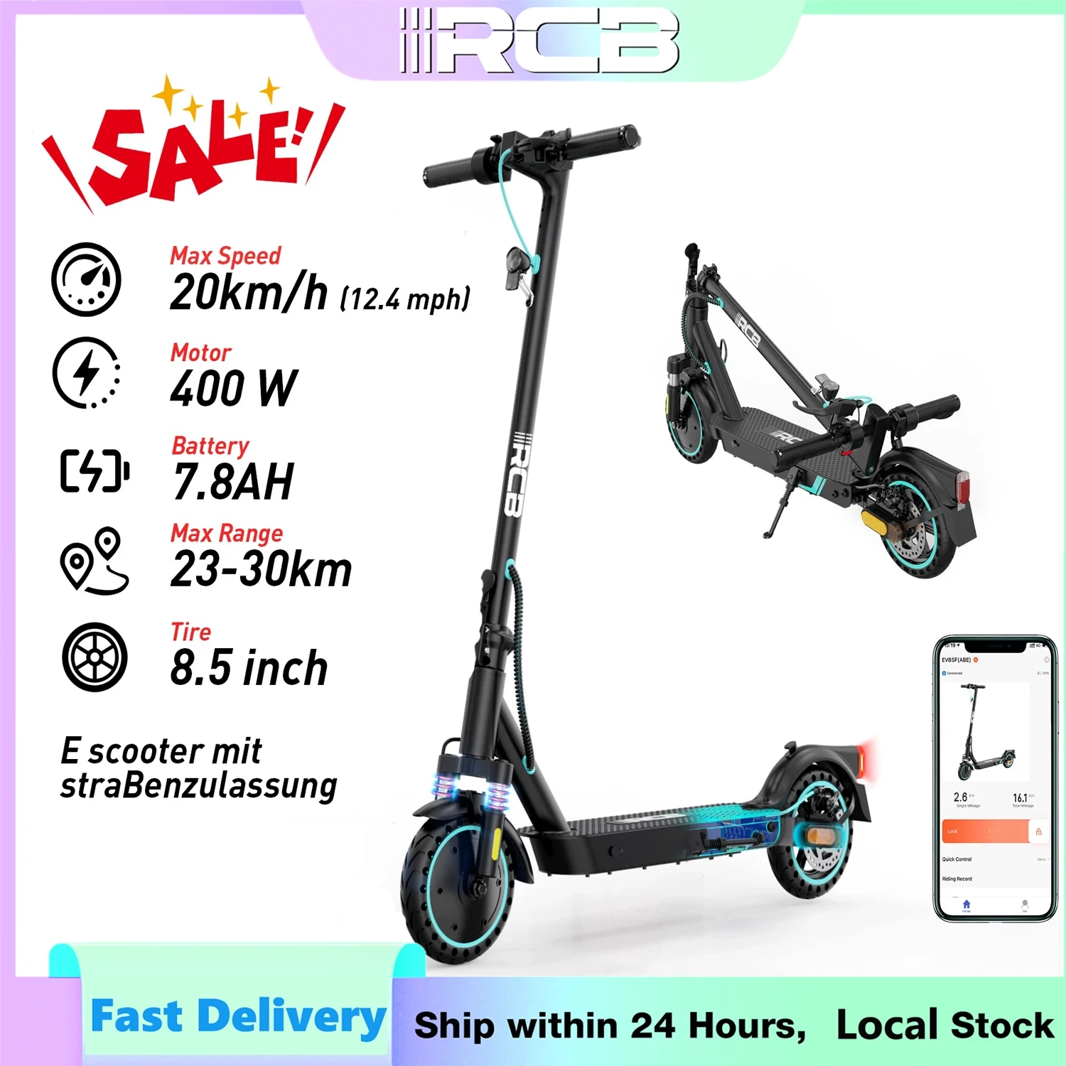 RCB Elektroroller für Erwachsene EV85F ABE, APP-Steuerung, 400-W-Motor, 7,8-Ah-Akku, 20 km/h Höchstgeschwindigkeit, 30 km Reichweite, Gewicht 15 kg, 3 Geschwindigkeitsmodi, Elektroroller mit