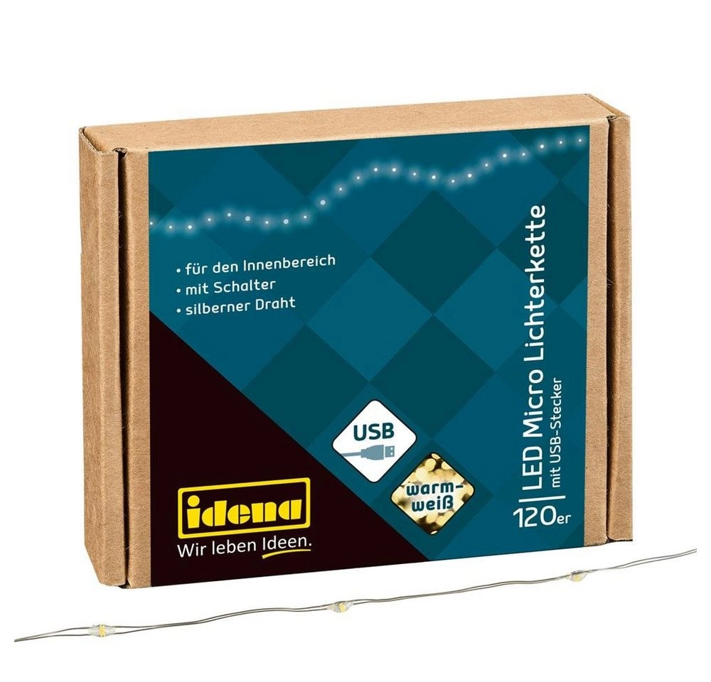 Idena LED Micro Lichterkette 120 LED warmweiß mit Silberdraht USB für innen ca. 13,50 m