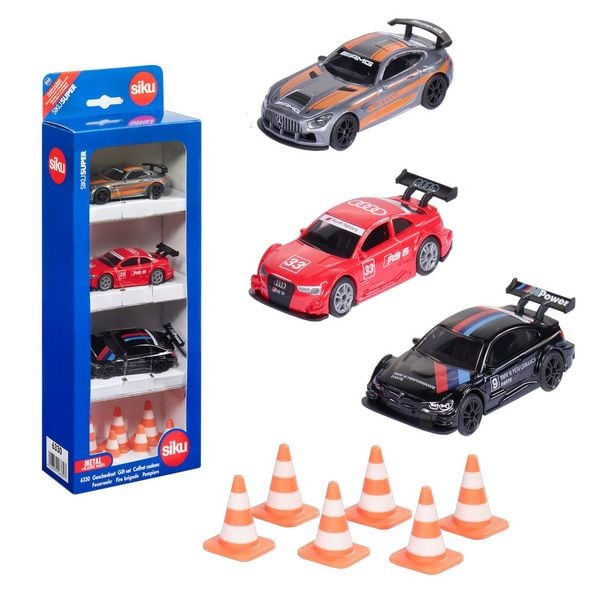 SIKU 6331 Geschenkset Race mit 3 kleinen bunten Rennautos und Pylonen